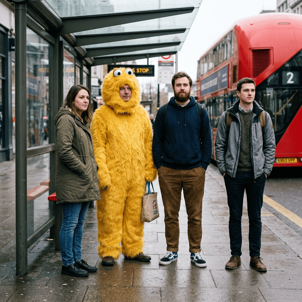 Four people, including a yellow furry character, stand at a bus stop beside a red double-decker bus.
