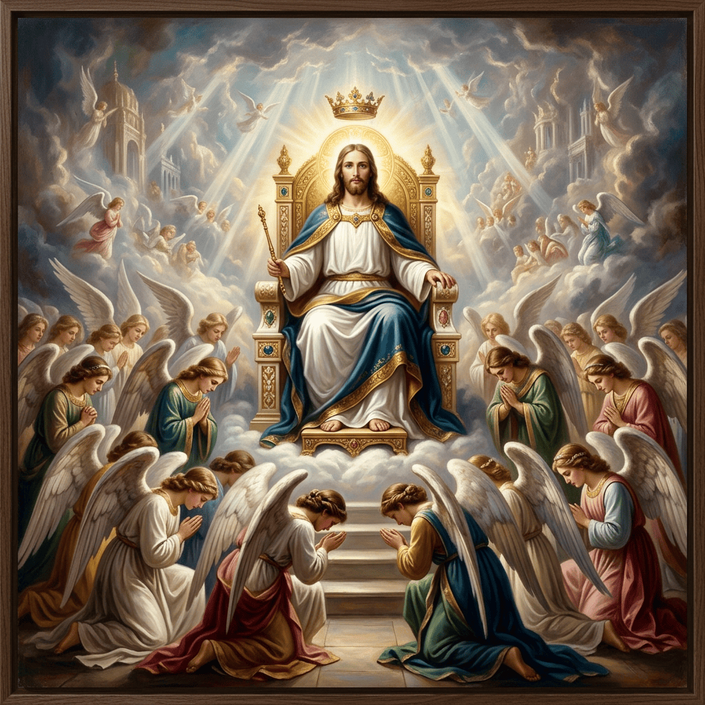 Christ enthroned beneath a crown, surrounded by kneeling angels and heavenly light
