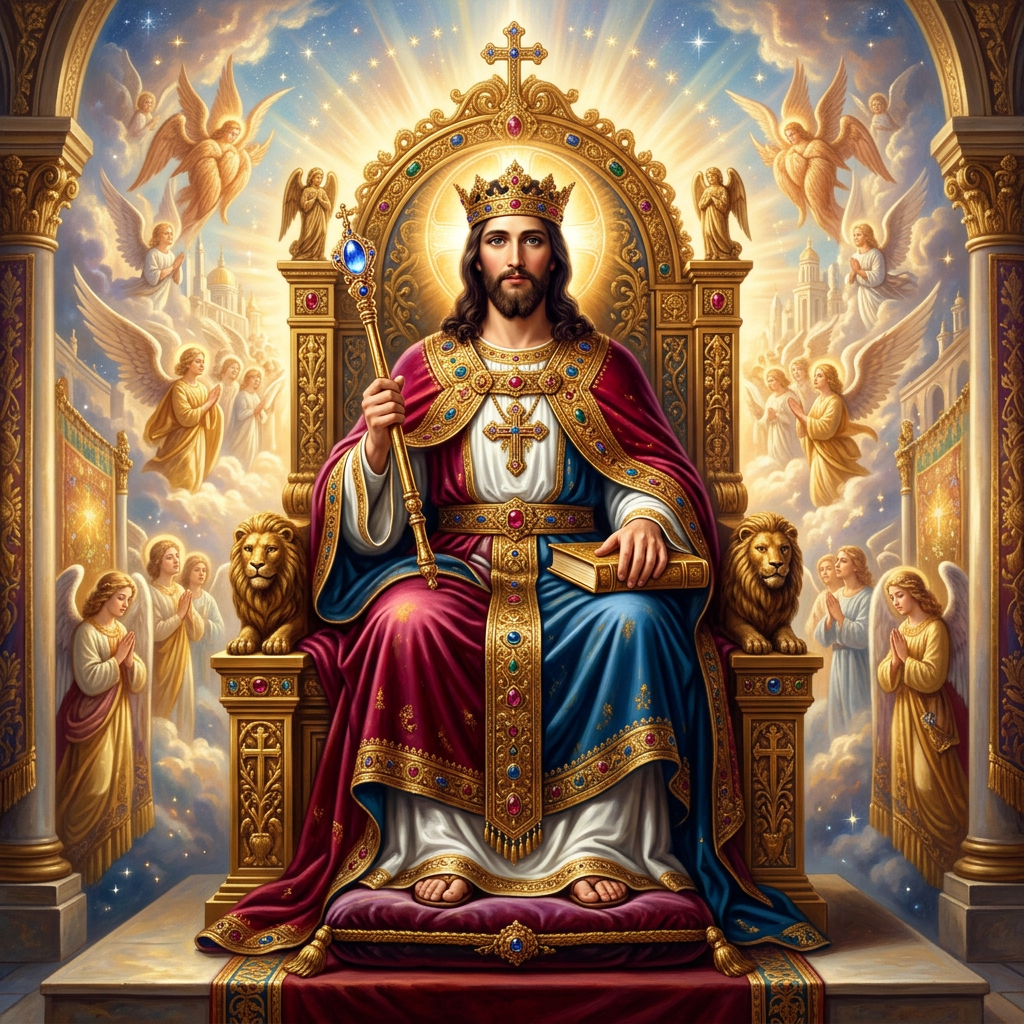 Christ crowned and seated on a jeweled throne among angels and lions