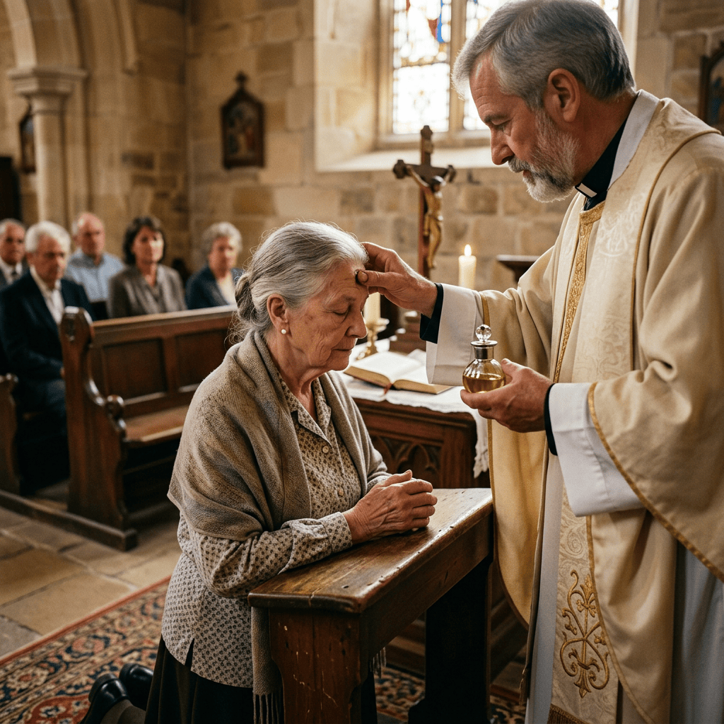 Priest anointing an elderly woman at a church altar