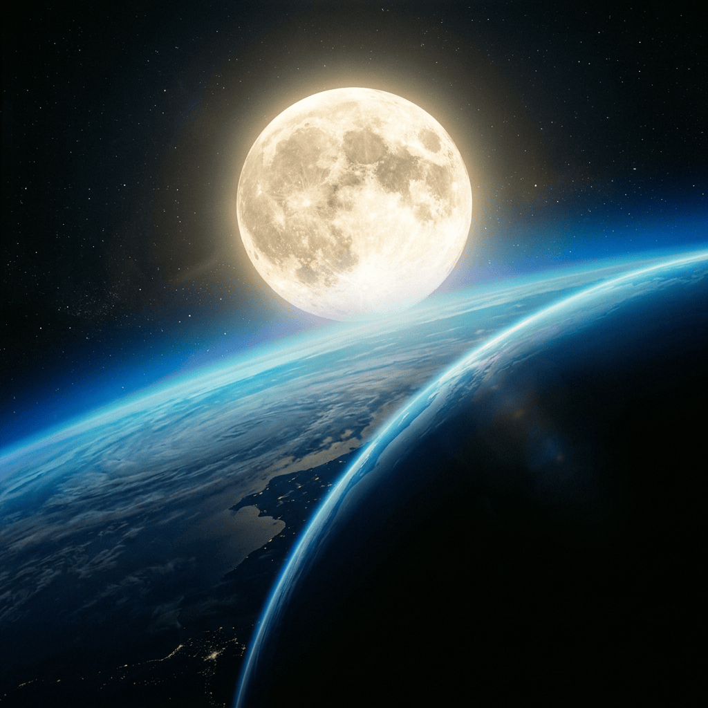Full moon glowing above Earth’s curved horizon in space