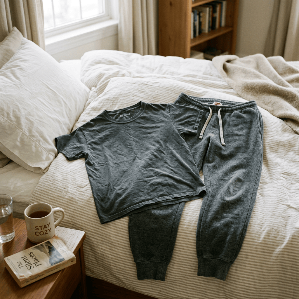 Gray T-shirt and joggers laid on a bed beside tea and a book