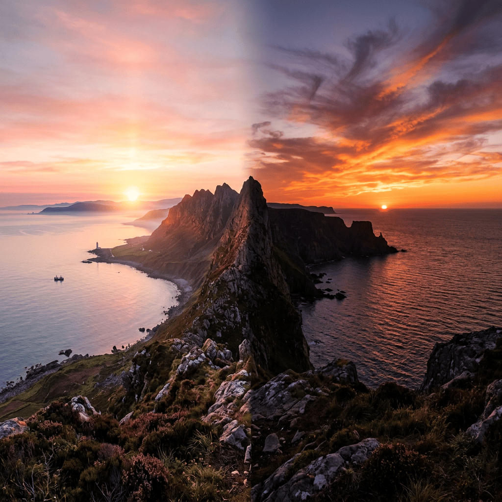 Jagged coastal mountains surrounded by ocean beneath a colorful sunset sky