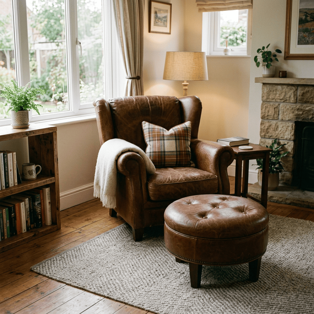 Leather armchair with blanket and plaid cushion beside a window