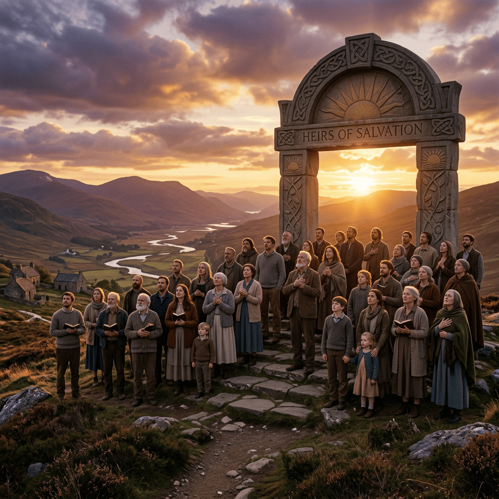 Group gathered beneath a HEIRS OF SALVATION arch at sunset