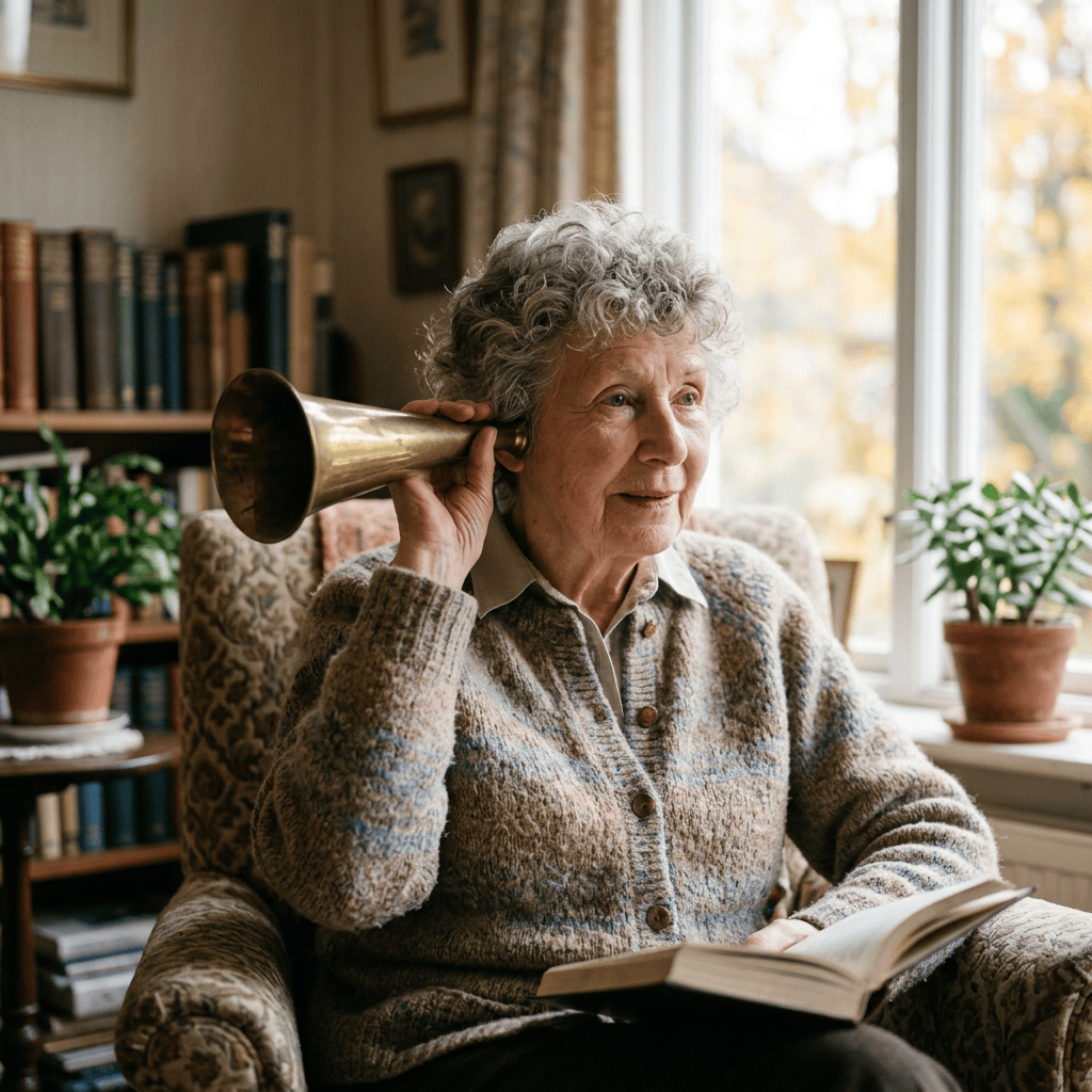 Older woman holding a brass listening horn while reading an open book