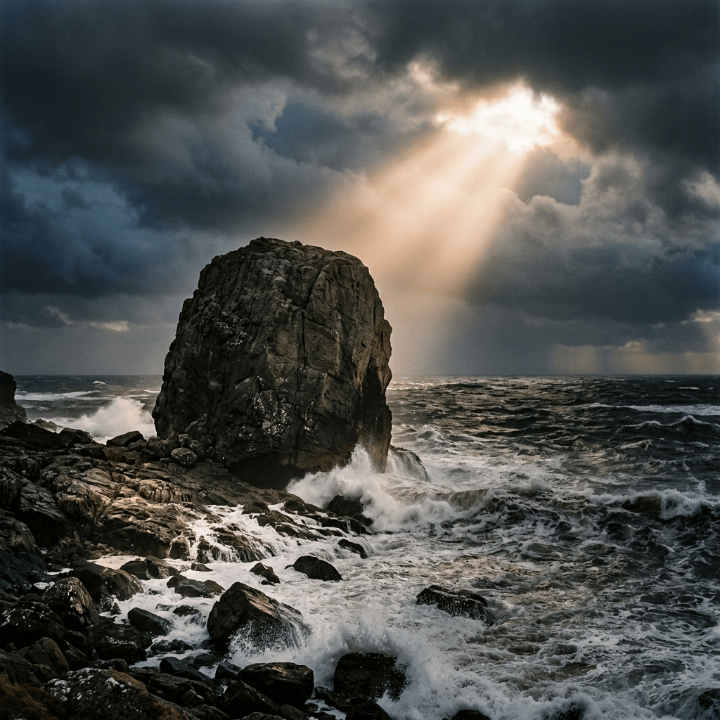 Waves crashing around a large coastal rock beneath sunbeams