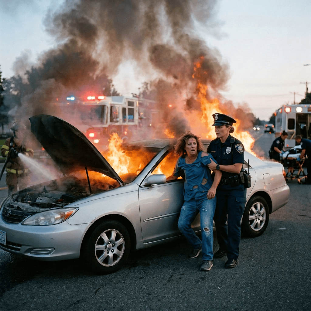 Firefighter assists a man beside a burning car as emergency crews respond