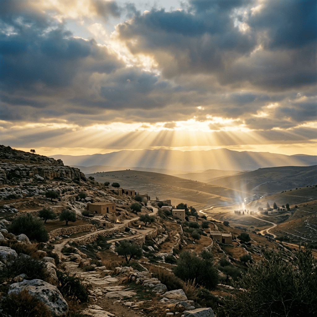 Sunbeams break through clouds over a rugged mountain valley with stone homes