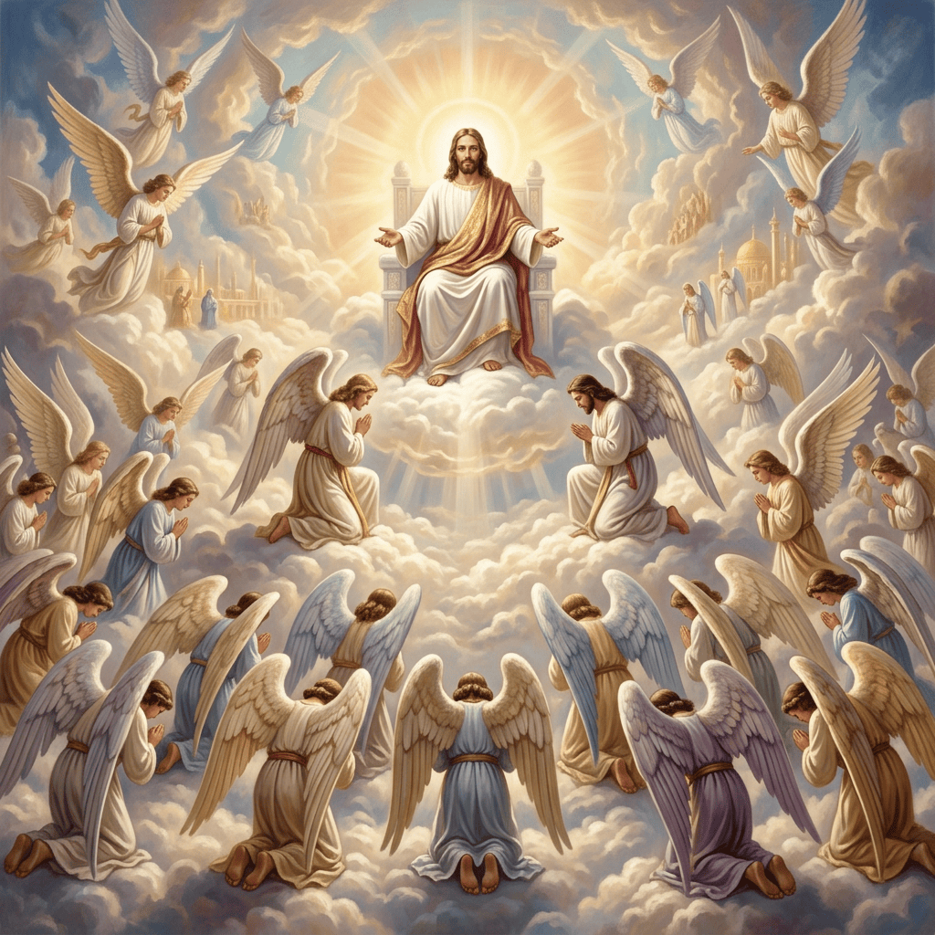 Christ enthroned in heaven surrounded by praying angels