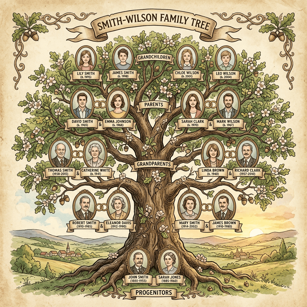 Smith-Wilson Family Tree: Progenitors John Smith (1680-1955) and Sarah Jones (1885-1960); Robert Smith (1910-1985) and Eleanor Davis (1912-1990), Mary Smith (1914-2002) and James Brown (1910-1980); grandparents Thomas Smith (1958-2015) and Catherine White (b. 1941), Linda Brown (b. 1940) and Richard Clark (1957-2010); parents David Smith (b. 1965) and Emma Johnson (b. 1965), Sarah Clark (b. 1970) and Mark Wilson (b. 1967); grandchildren Lily Smith (b. 1995), James Smith (b. 1998), Chloe Wilson (b. 2000), and Leo Wilson (b. 2004).