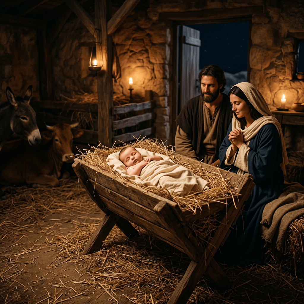 Newborn baby in manger with Mary, Joseph, donkey, and ox