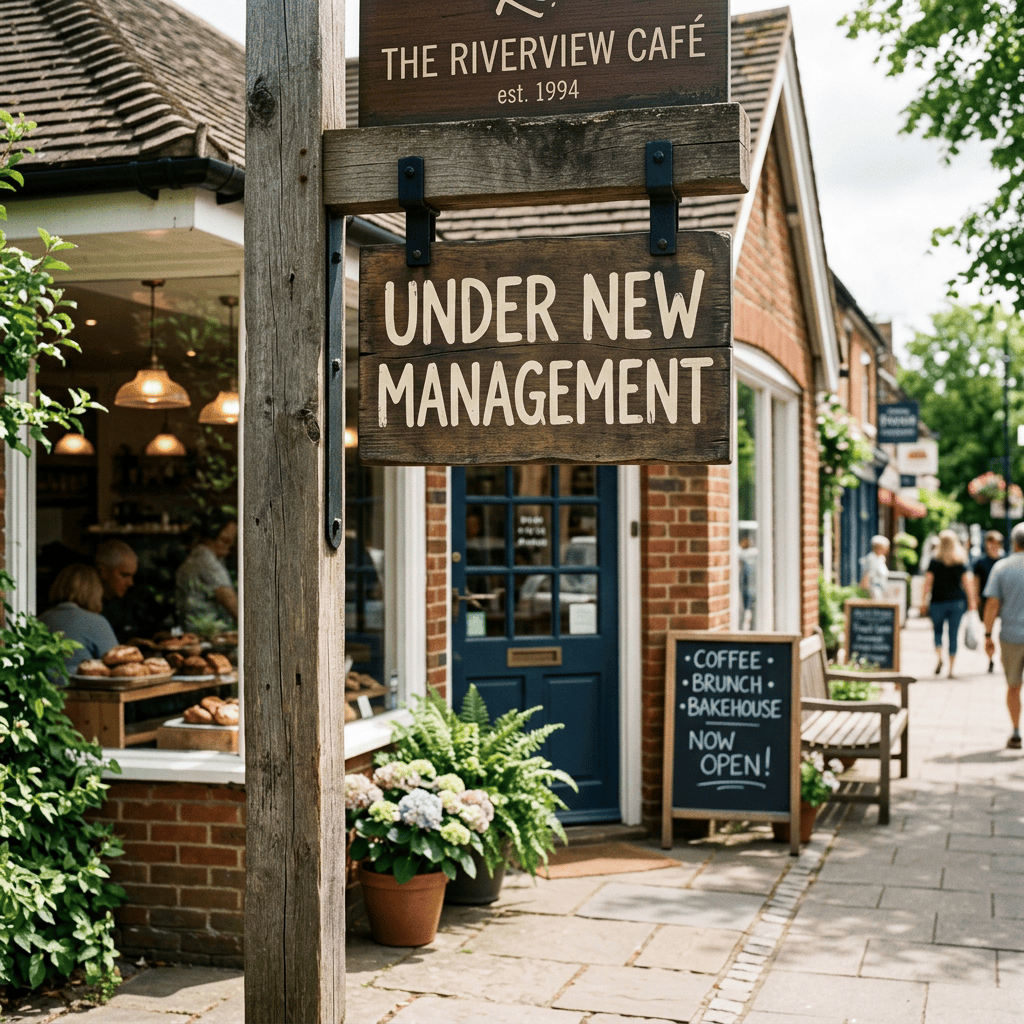 The Riverview Café, est. 1994; signs read “Under New Management” and “Coffee Brunch Bakehouse Now Open!”