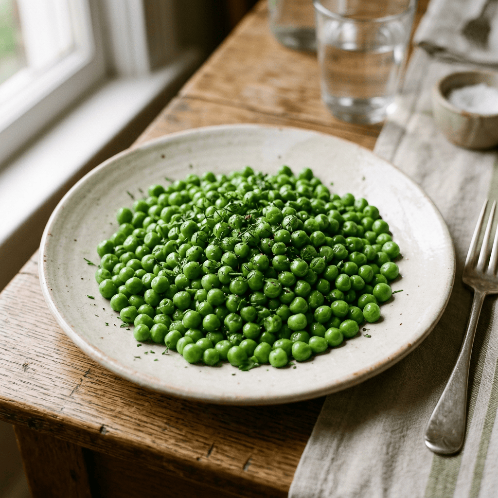 Plate of green peas seasoned with herbs on a rustic wooden table
