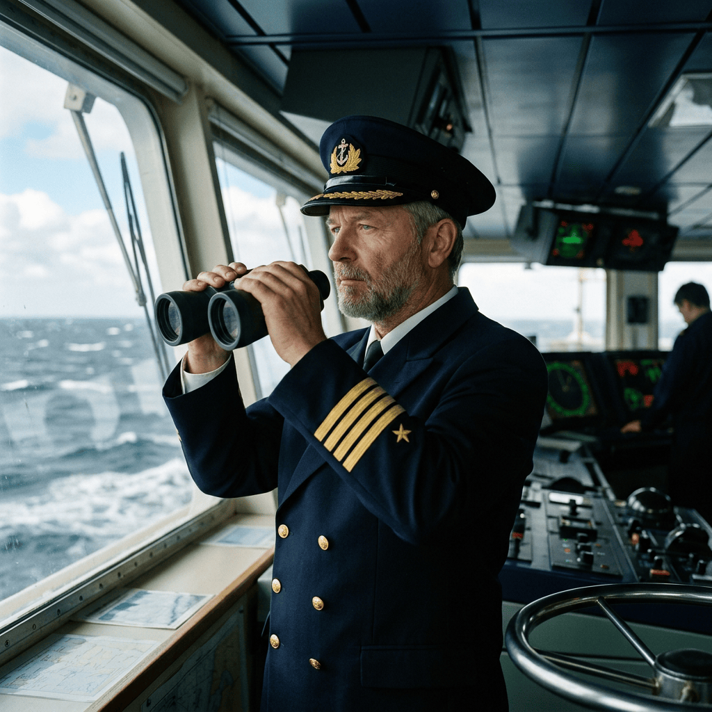 Ship captain using binoculars on a vessel bridge overlooking rough seas