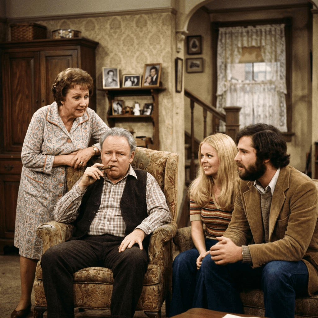 Four adults conversing in a vintage living room