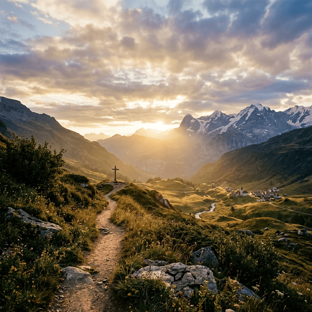Mountain trail with cross overlooking alpine valley and snowy peaks