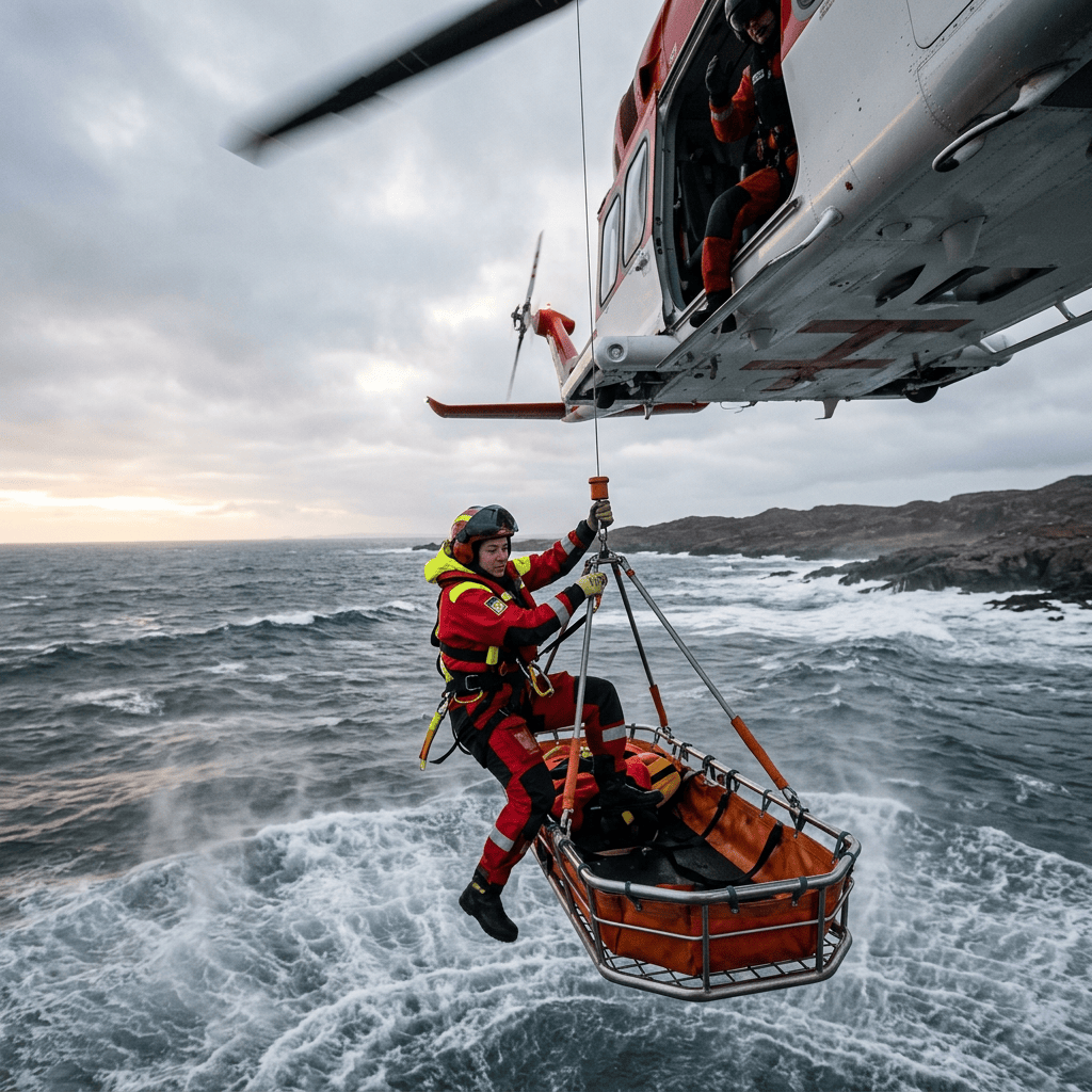 Rescue specialist lowered from helicopter toward basket over rough ocean