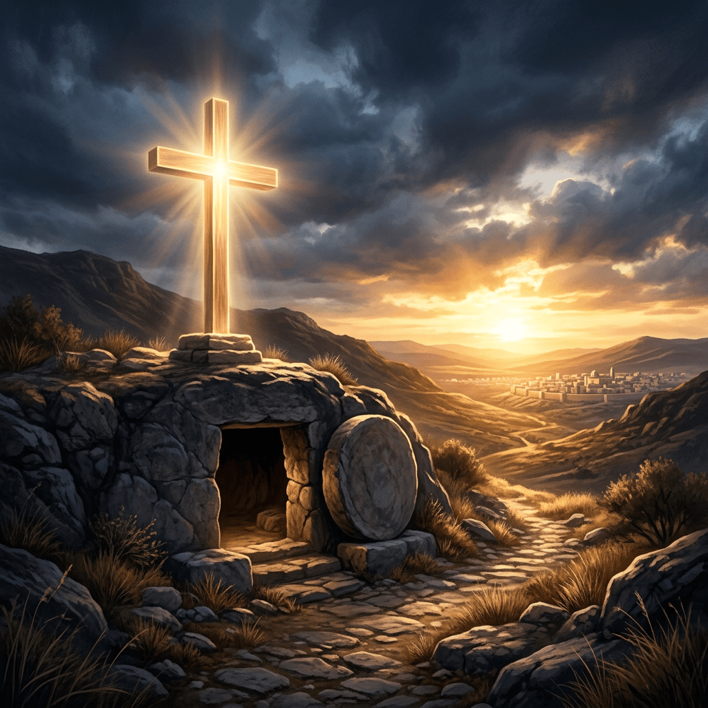 Radiant cross above an open stone tomb overlooking a sunlit valley