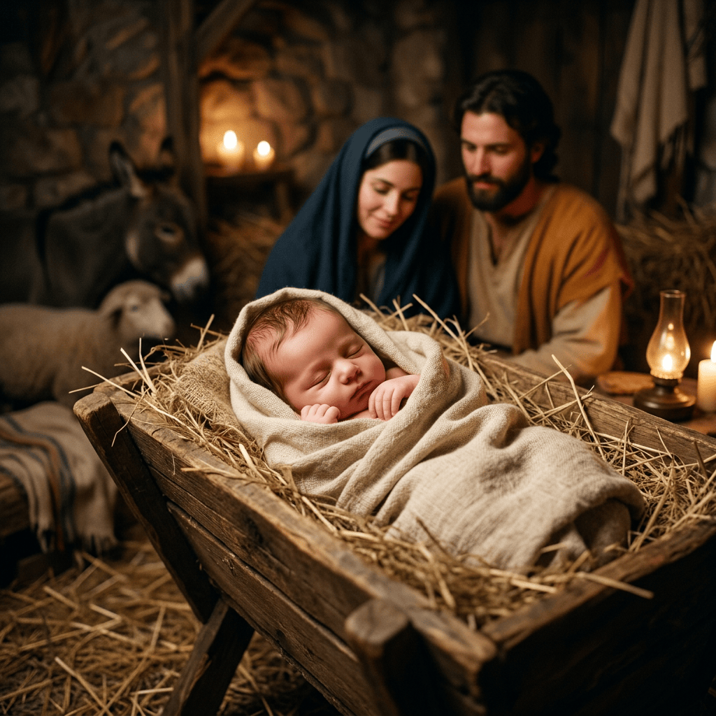 Sleeping newborn in a straw-filled manger with Mary, Joseph, and animals nearby