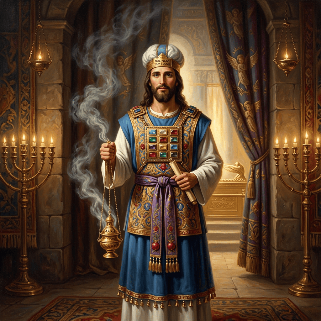 Biblical high priest holding a smoking censer inside an ornate sanctuary
