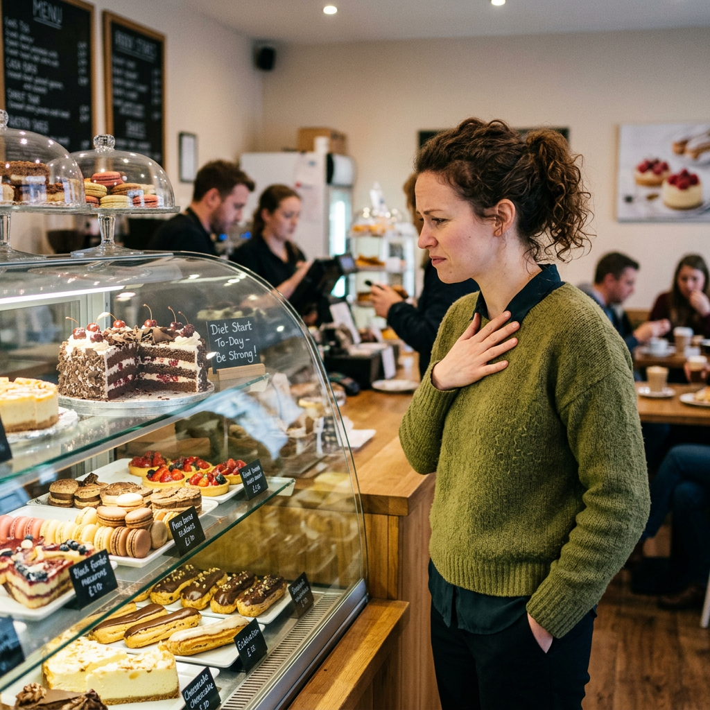 Customer browsing a café pastry case filled with cakes and macarons