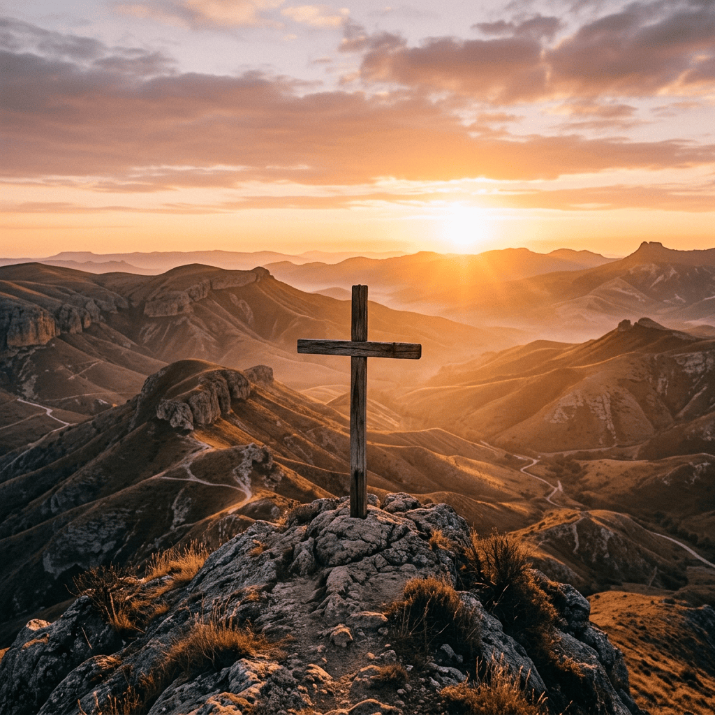Weathered wooden cross on a rocky mountain summit at sunset
