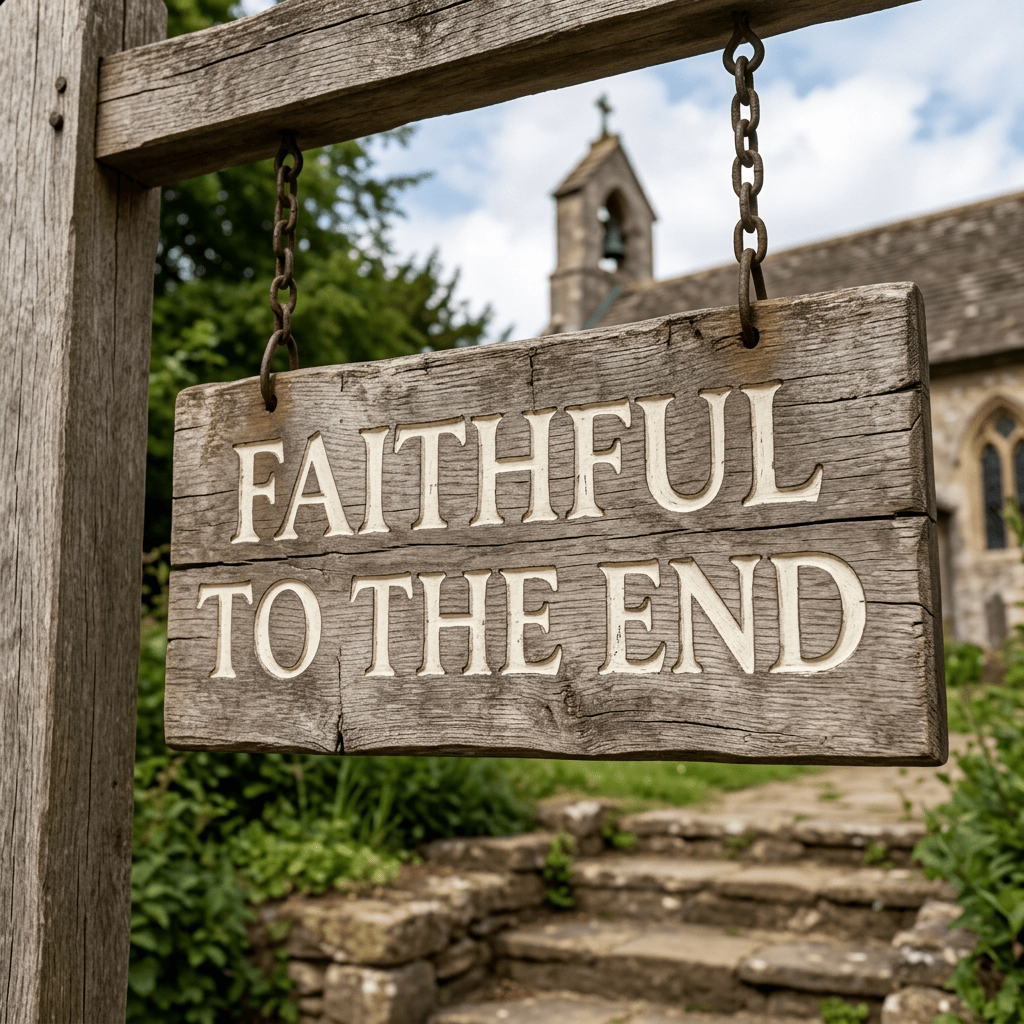 Weathered wooden sign reading “FAITHFUL TO THE END” outside a church
