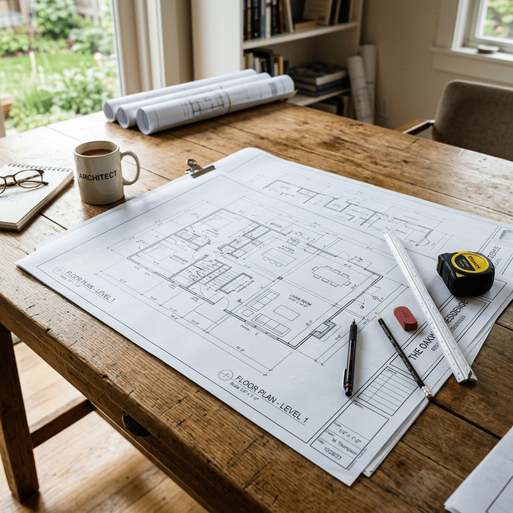 Architectural floor plans with drafting tools, coffee, and rolled blueprints on a wooden table