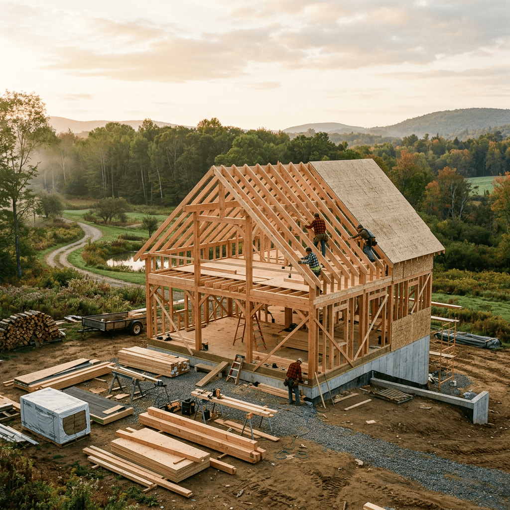 Workers building a timber-frame house in a rural wooded landscape