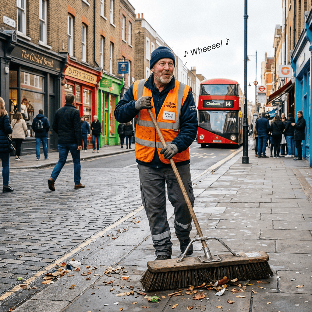 Street cleaner sweeping beside red Chelsea 14 bus; “Wheee!” text above