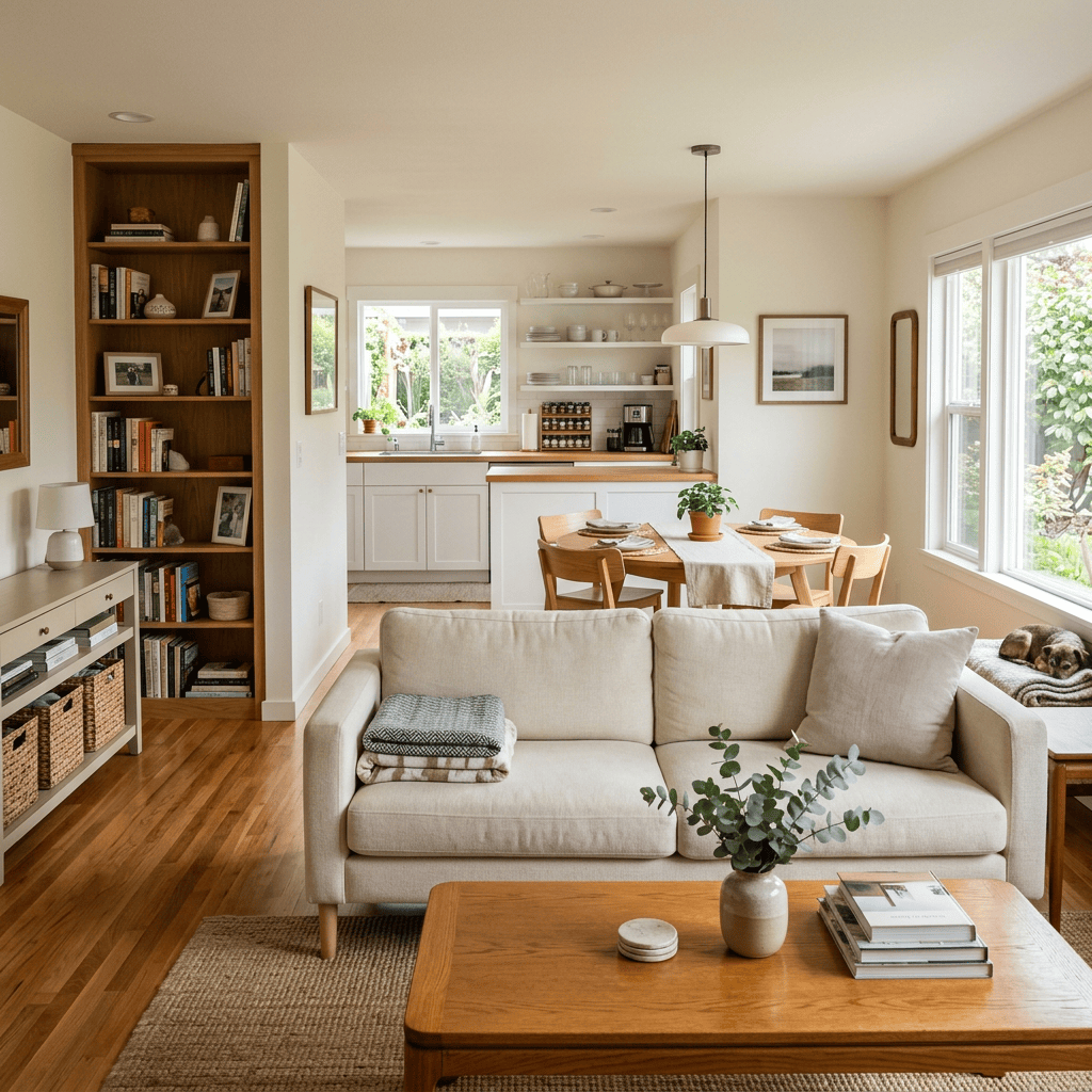 Bright open-plan living room, dining area, and kitchen with a dog by the window