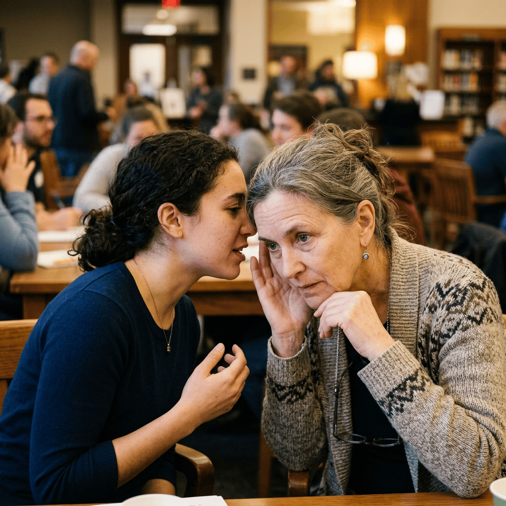 Two women having a quiet conversation in a busy café