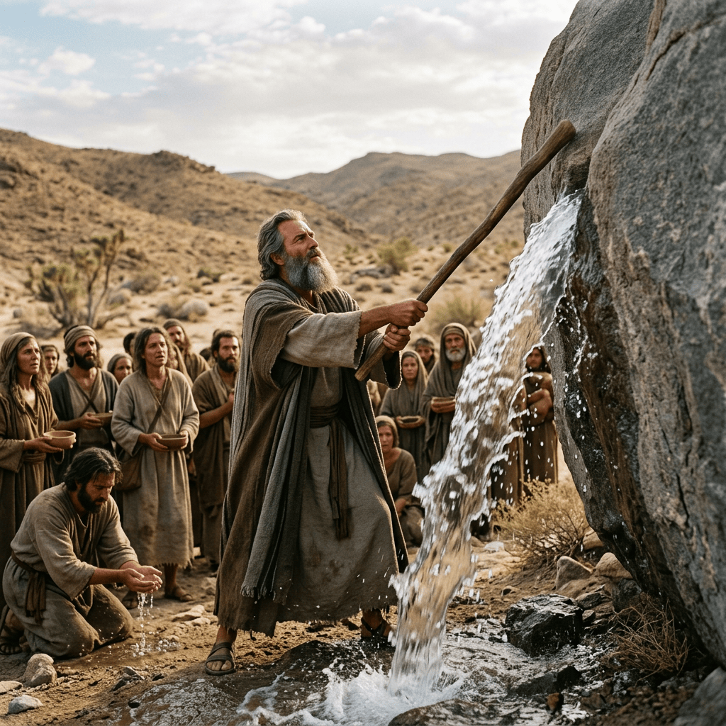 Moses striking rock as water flows