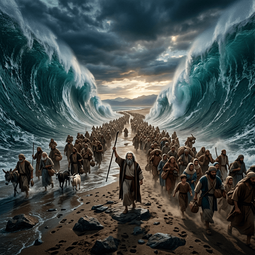 Moses leads a large crowd through parted sea waters