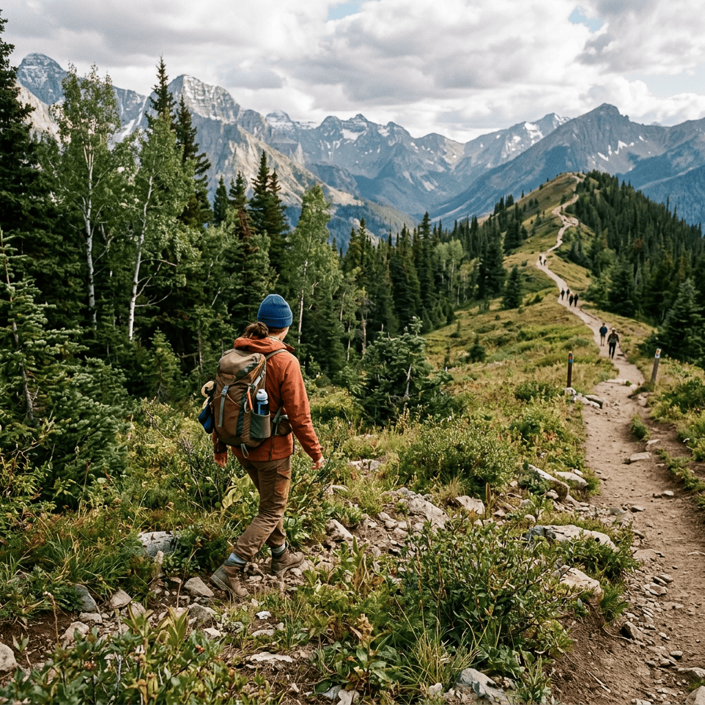 Hiker with backpack walking along a mountain ridge trail