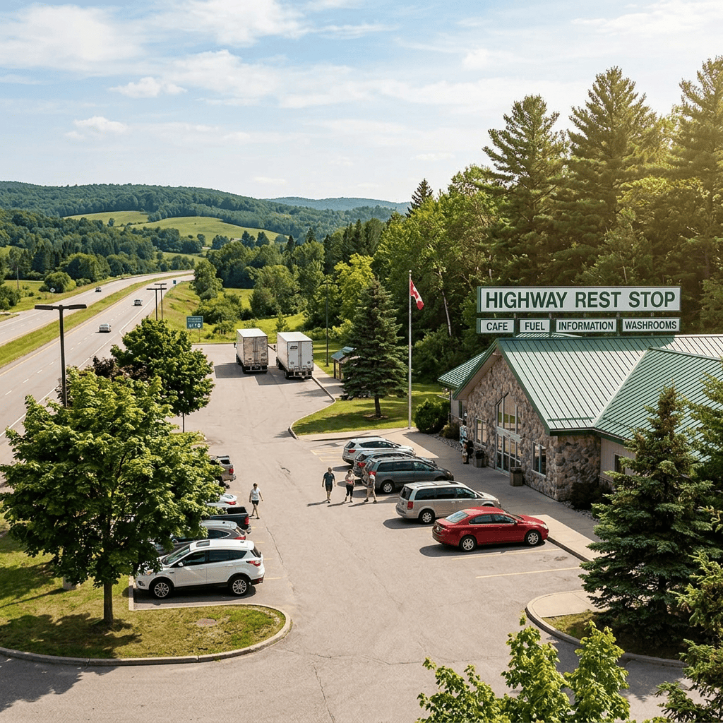 HIGHWAY REST STOP; CAFE, FUEL, INFORMATION, WASHROOMS